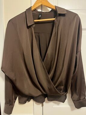 Satin Surplice Blouse in Brown - Women's Wrap-Front Top